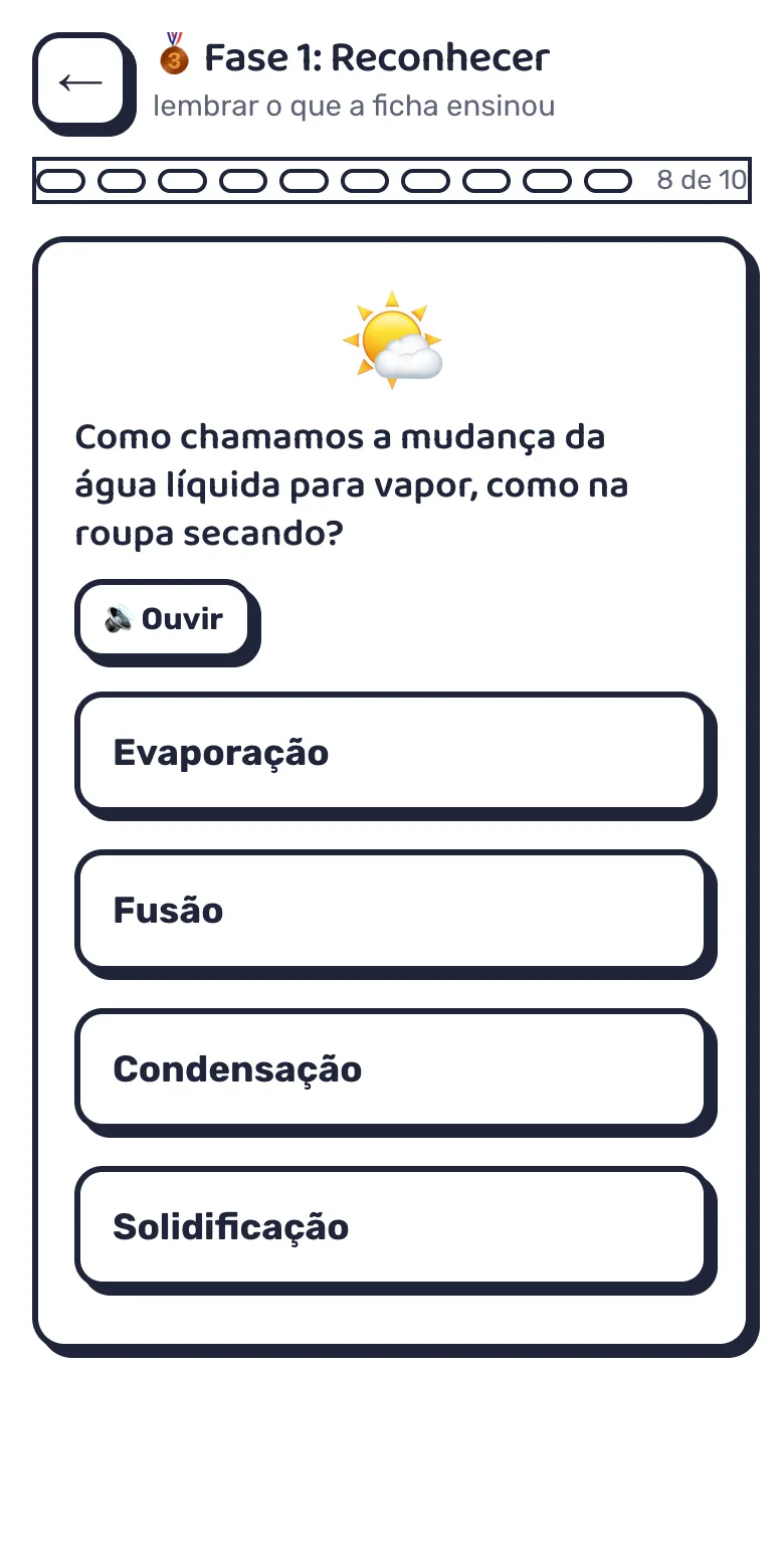 O jogo no celular, na fase 1 de Ciências: a pergunta com um botão Ouvir, que lê o enunciado em voz alta, e quatro alternativas grandes para tocar.